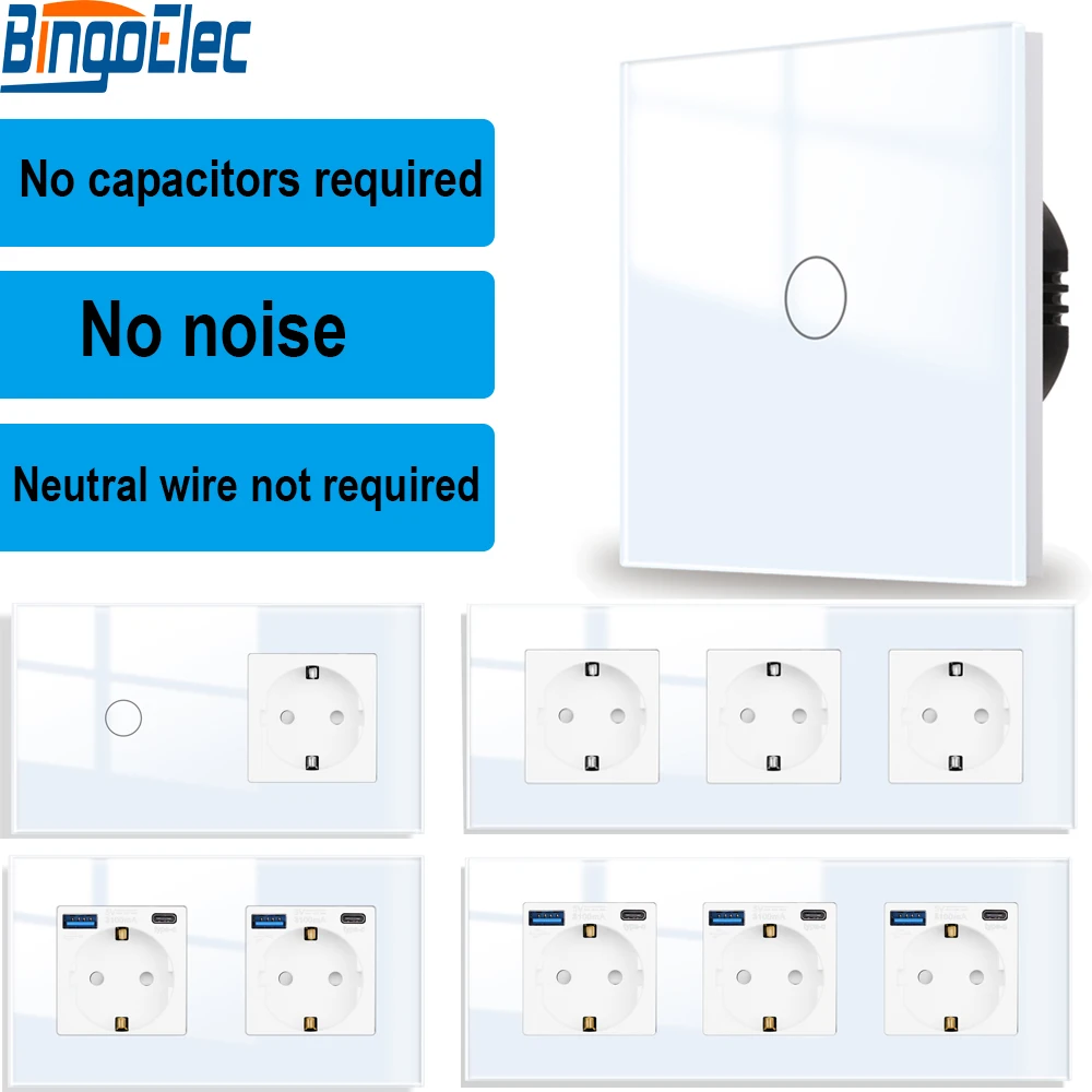 Bingoelec 터치 스위치 화이트 크리스탈 유리 패널 조명 센서 스위치, 벽 소켓, USB C타입 전원 콘센트, EU 표준..