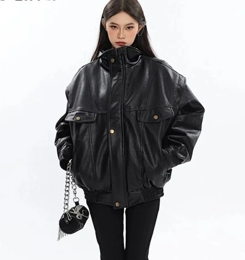 Vintage Leather Jacket Men Pversized Women Moto Biker Coat Spring