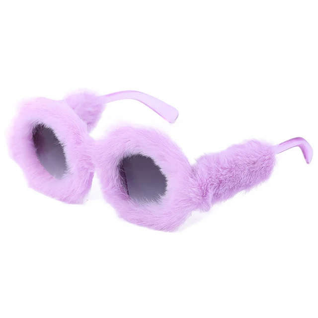 OEC CPO Ladies Soft Fur Velvet Cat Eye Sunglasses Women Fashion Colorful Handmade Sun Glasses Female Trendy Shades UV400 Eyewear Purple-Gray