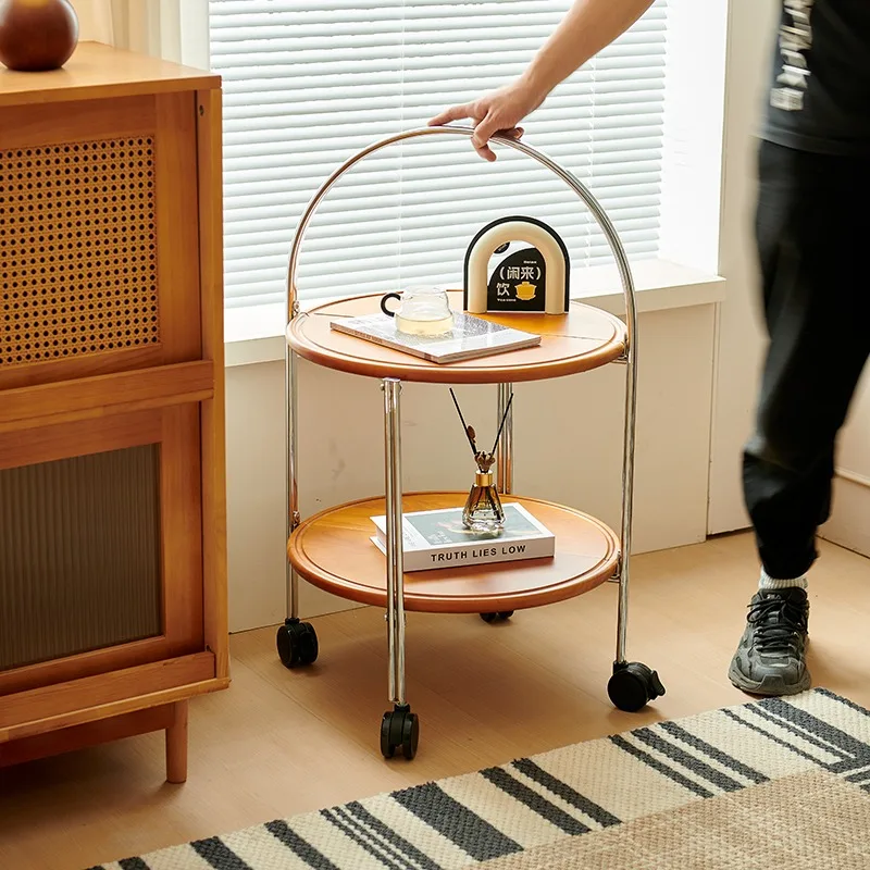 Vintage Solid Wood Sofa Side Table Trolley Living Room Small Household Coffee Table Nordic Mobile Folding Cart Bedside 카트손수레