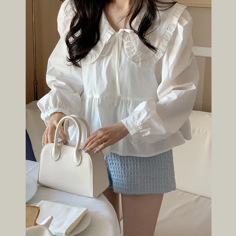 Korean Chic elegant Wooden Ear White shirt Women's Ins Younger Peter Pan Collar Long Sleeve