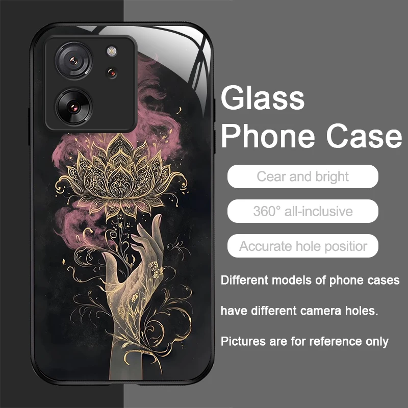 Artistic Lotus Flower Pattern Tempered Glass Phone Case