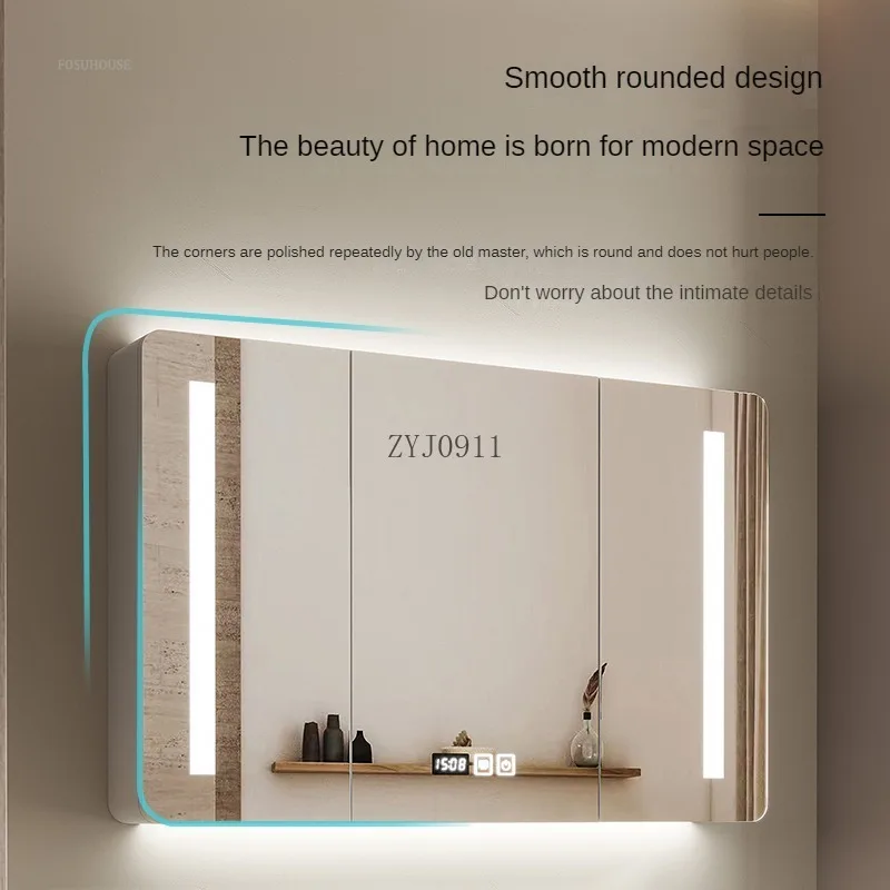 Rounded Corner Smart Bathroom Mirror Cabinet with Light and Defogging Bathroom Make Up Cabinet Home Furniture Storage Rack