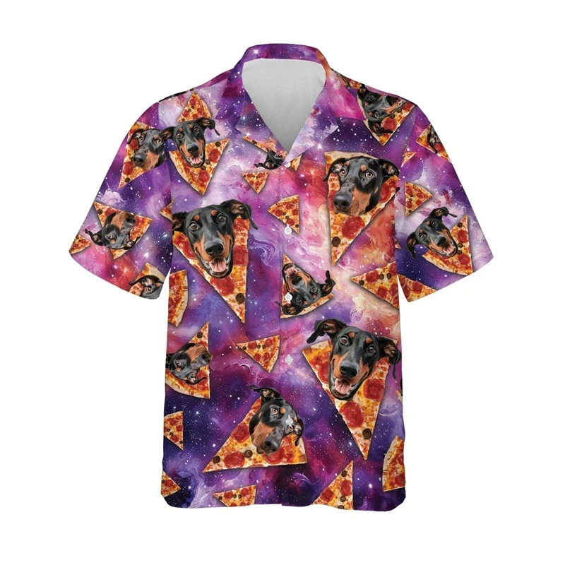 thumbnail image 1 of Camisa hawaiana con estampado 3D de perro y pizza divertida para hombre, camisas de verano con solapa, blusas de manga corta a la moda, blusas de gran tamaño con botones, 1 of 5