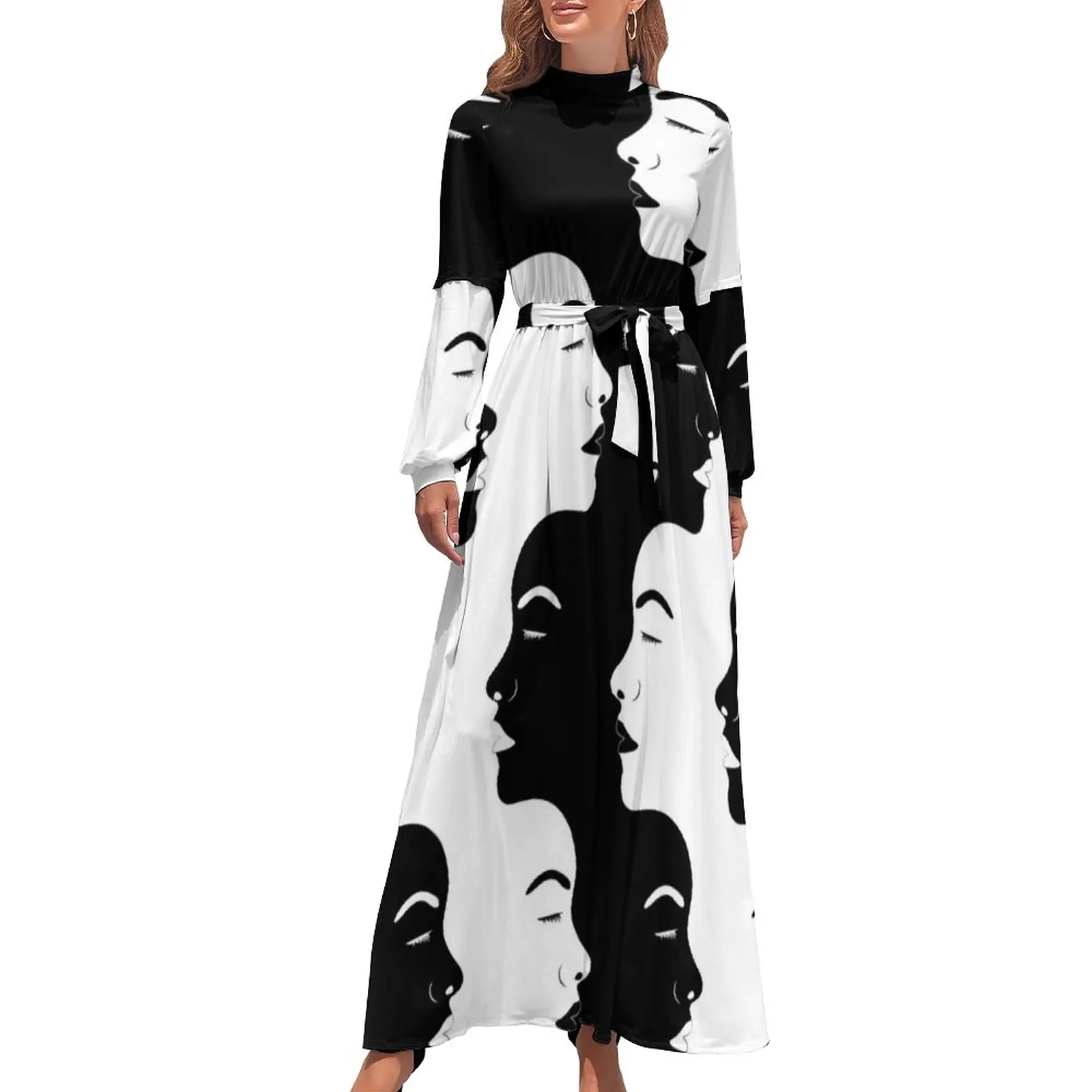 

White And Black Women Head Dress Abstract We Are All The Same Maxi Dress High Waist Long-Sleeve Street Style Beach Long Dresses