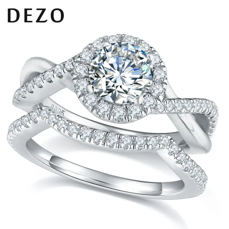 DEZO Moissanite Wedding Rings Set For Her Total 1.75ctw Solid 925 Silver Twist Engagement Ring Round VVS D Color GRA Certificate