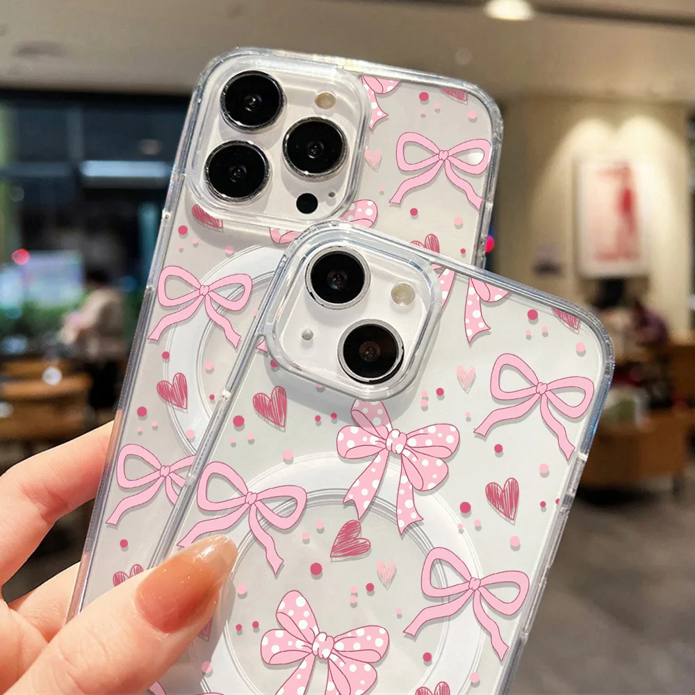 Elegant Pink Bow Transparent Phone Case - Shockproof & Protective Cover with Wireless Charging Compatibility