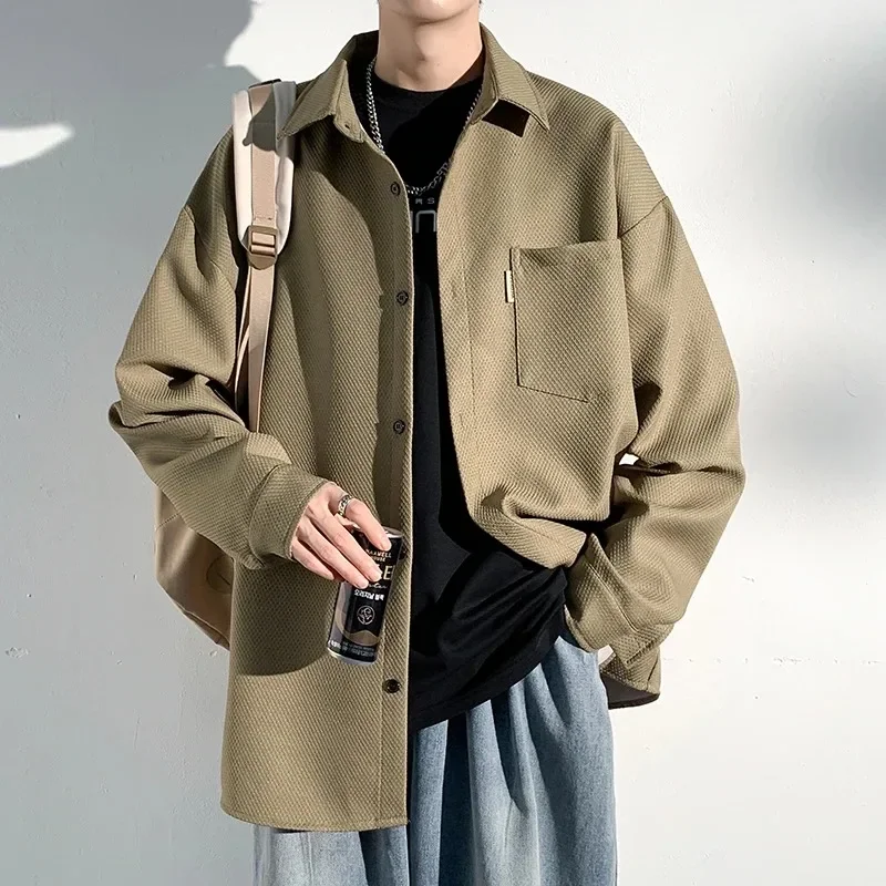 남성용 긴팔 심플 라펠 블라우스, 루즈한 올 매치 캐주얼 탑 재킷, 멋진 트렌드 셔츠, 가을 신상 패션