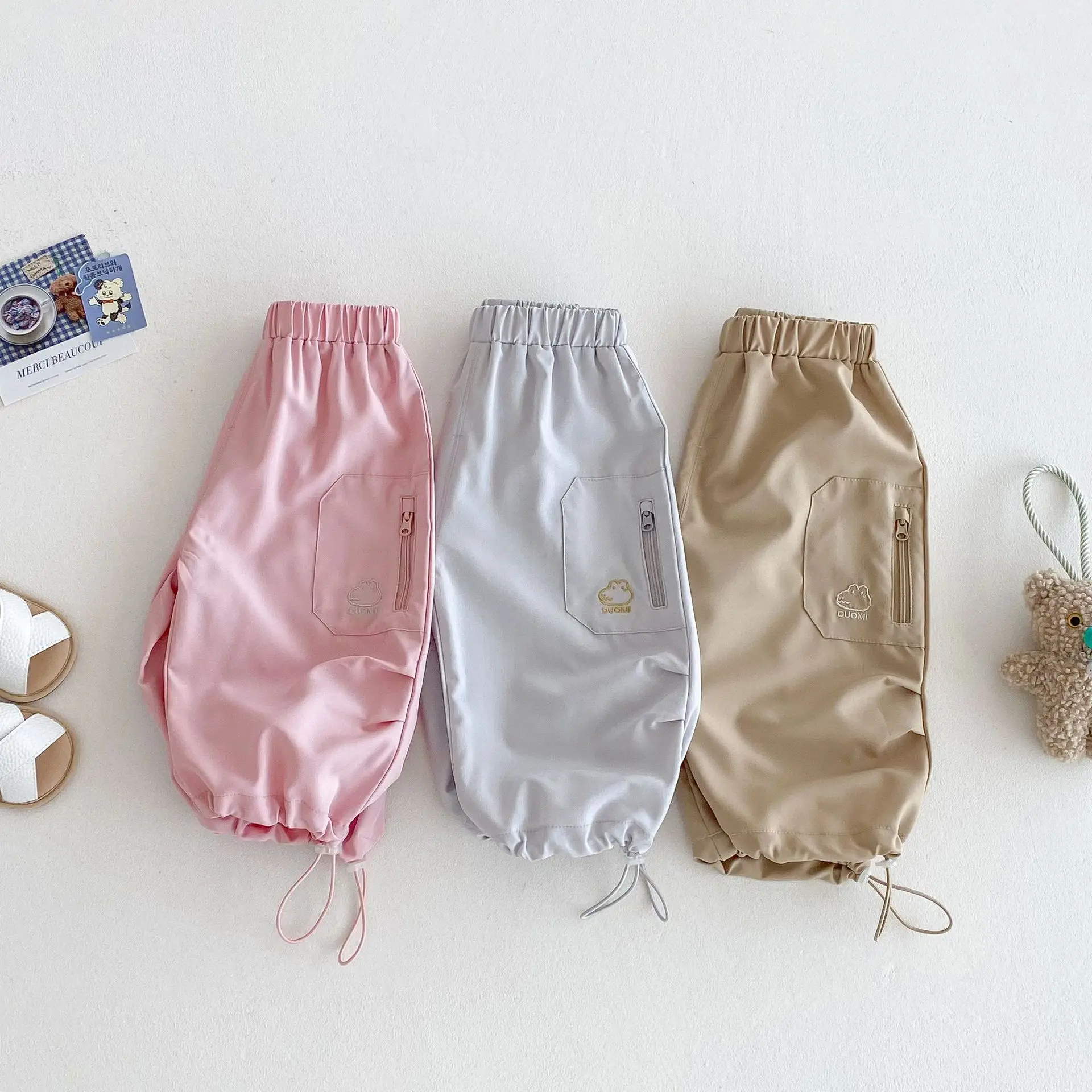 Children's Cool Work Pants 2025 New Summer Girls' Solid Color Breathable Casual Pants Boys' Korean Version Cartoon Pants