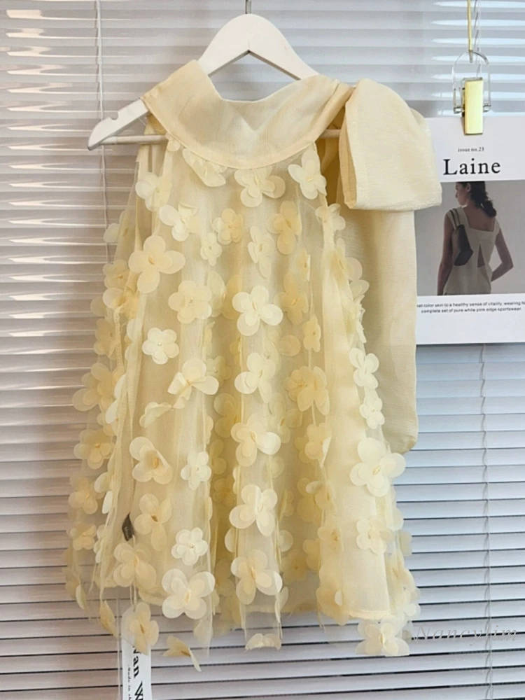 

Женская рубашка без рукавов, свободная рубашка в стиле ретро с французским бантом и открытыми плечами, топ с трехмерными лепестками, лето 2024