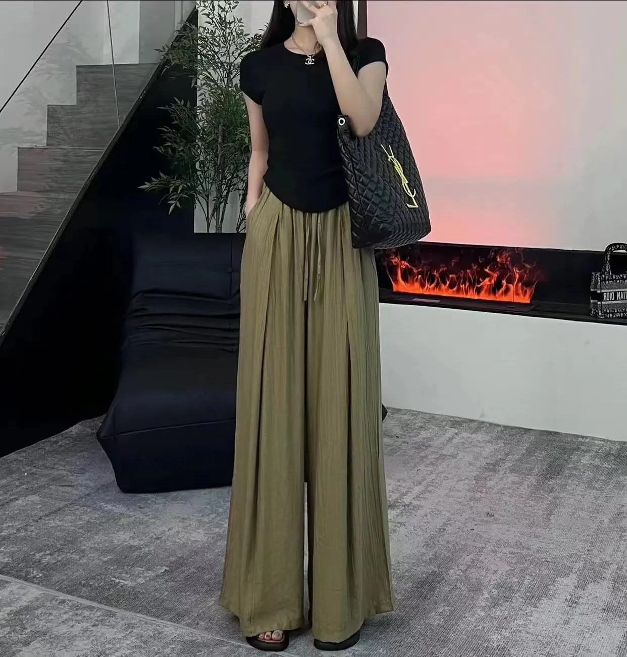 Cotton and linen pleated wide leg pants for women in summer 2023, elastic waist casual pants, floor long pants for women