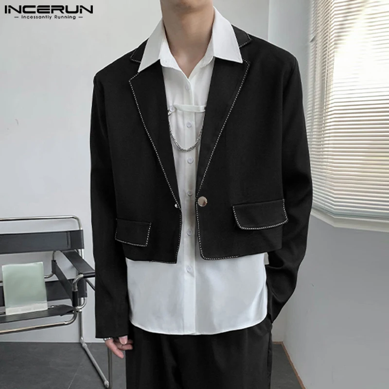INCERUN Men's Blazer Patchwork Long Sleeve Lapel One Button Fashion Cropped Coats Suits Men Streetwear Male Blazer S-5XL