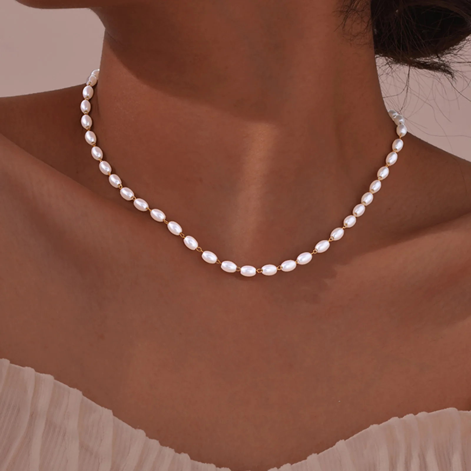 Imitationsperlenkette für Damen, Schlüsselbeinkette aus Edelstahl, exquisiter Choker, Schmuckgeschenk für festliche Anlässe_voghion.com