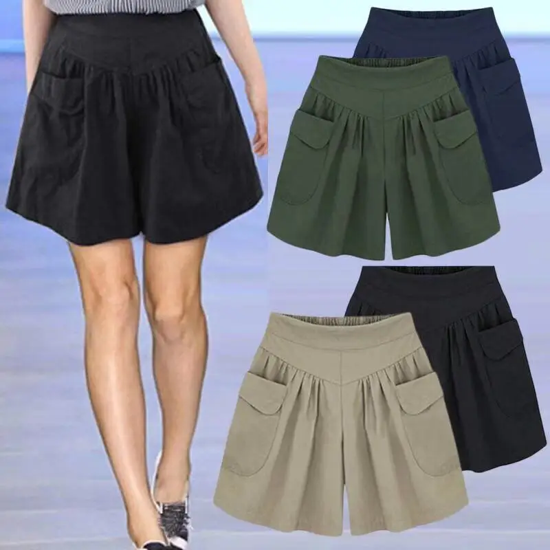 

Casual Women A Line Shorts Female Solid Color Loose Shorts Women High Waist Comfortable for Outdoor Summer Army Green Plus Size