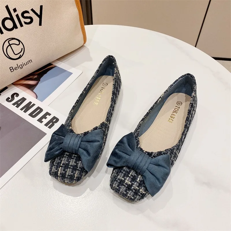 New Women Flats with Bow Square Head Flat Shoes for Ladies LoaferSlip on Zapatos De Mujer Breathable Comfortable Summer Shoes