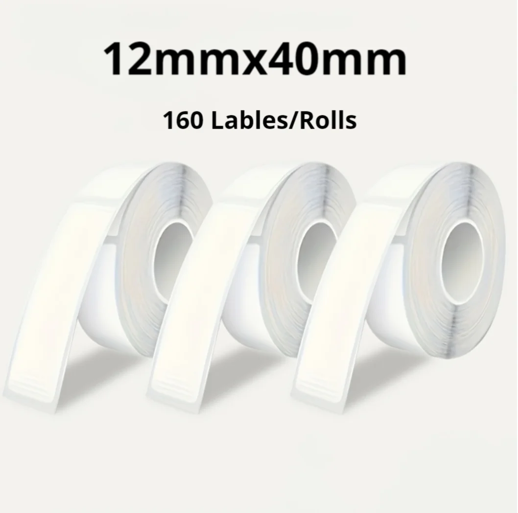 12x40mm 흰색 자가 접착 라벨 스티커 3롤, 160매/롤 검정색 텍스트 D30 호환, 일상 사무실 및 학교용
