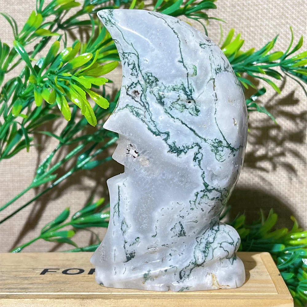 

Moss Agate Moon Face Crystal Natural Carving Quartz Stone Geode Mineral Energy Wichcraft Wicca Home Decoration Room
