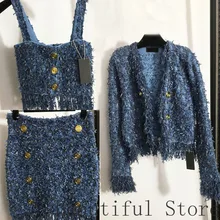 

High Quality Tassels Tweed Designer Two 2 Pc Sets Outfits for Women Spaghetti Tops and Mini Skirts and V Neck Cardigans Clothes