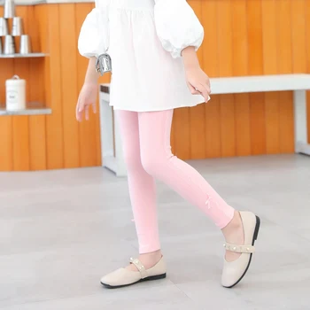 New Fashion Girls Kids Pants Comfortable Breathable Bow Embellished Pencil Pants Solid Color Kids Elastic Cotton Skinny Trousers 3