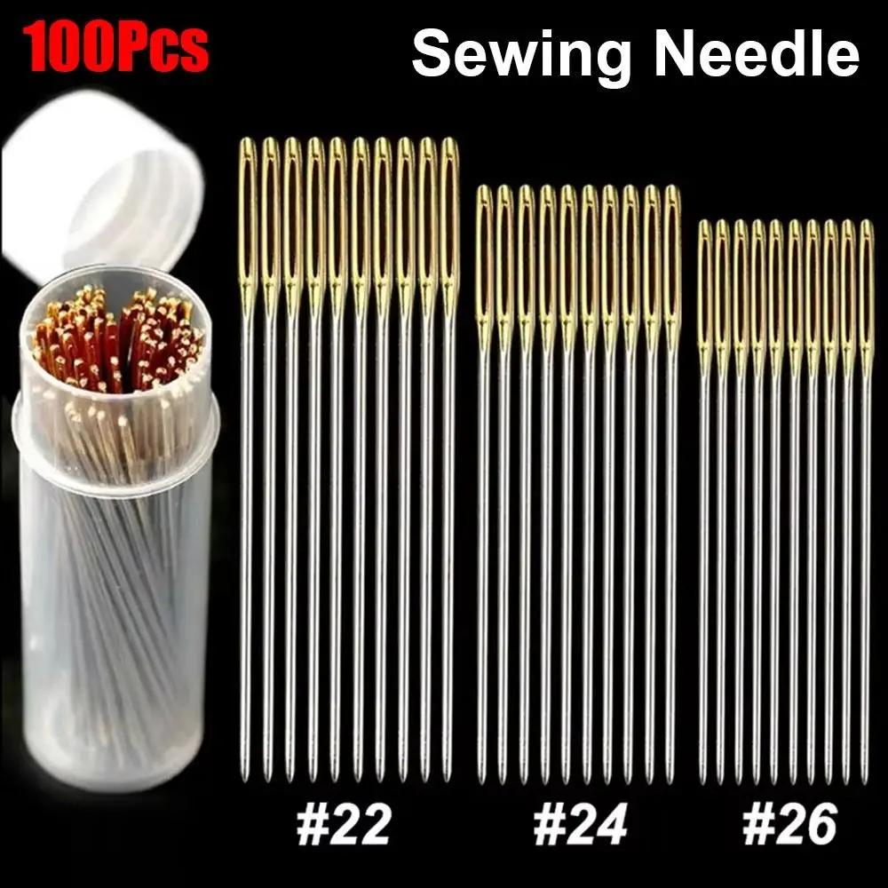 100Pcs 새로운 멀티 사이즈 바느질 바늘 스테인레스 스틸 테일 자수 패브릭 크로스 스티치 바늘 DIY 22/24/26 공예 도구