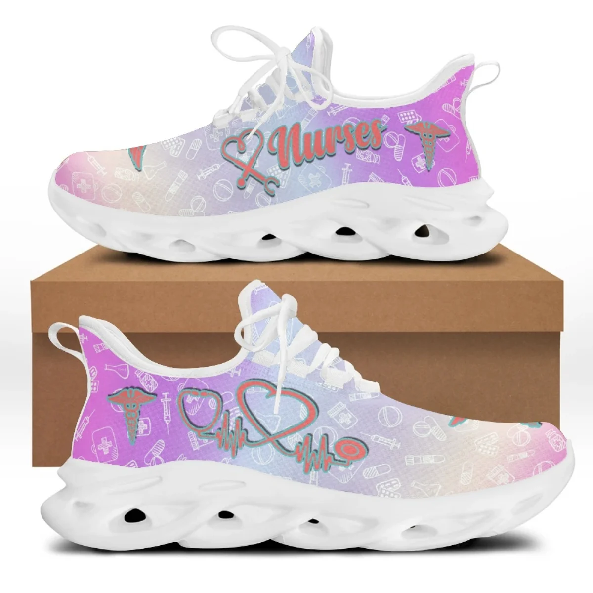 Pink Women Leisure Platform Shoes Cute Cartoon Nurse Pattern Lace Up Girls High Quality Mesh Shoes Zapator De Mujer