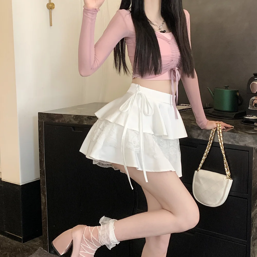 

2024 Ruffles Lace Mini Skirts Women Multilayer Cute Lolita Style Bandage High Waist Cake Skirt for Sweet Girls Kawaii Clothes
