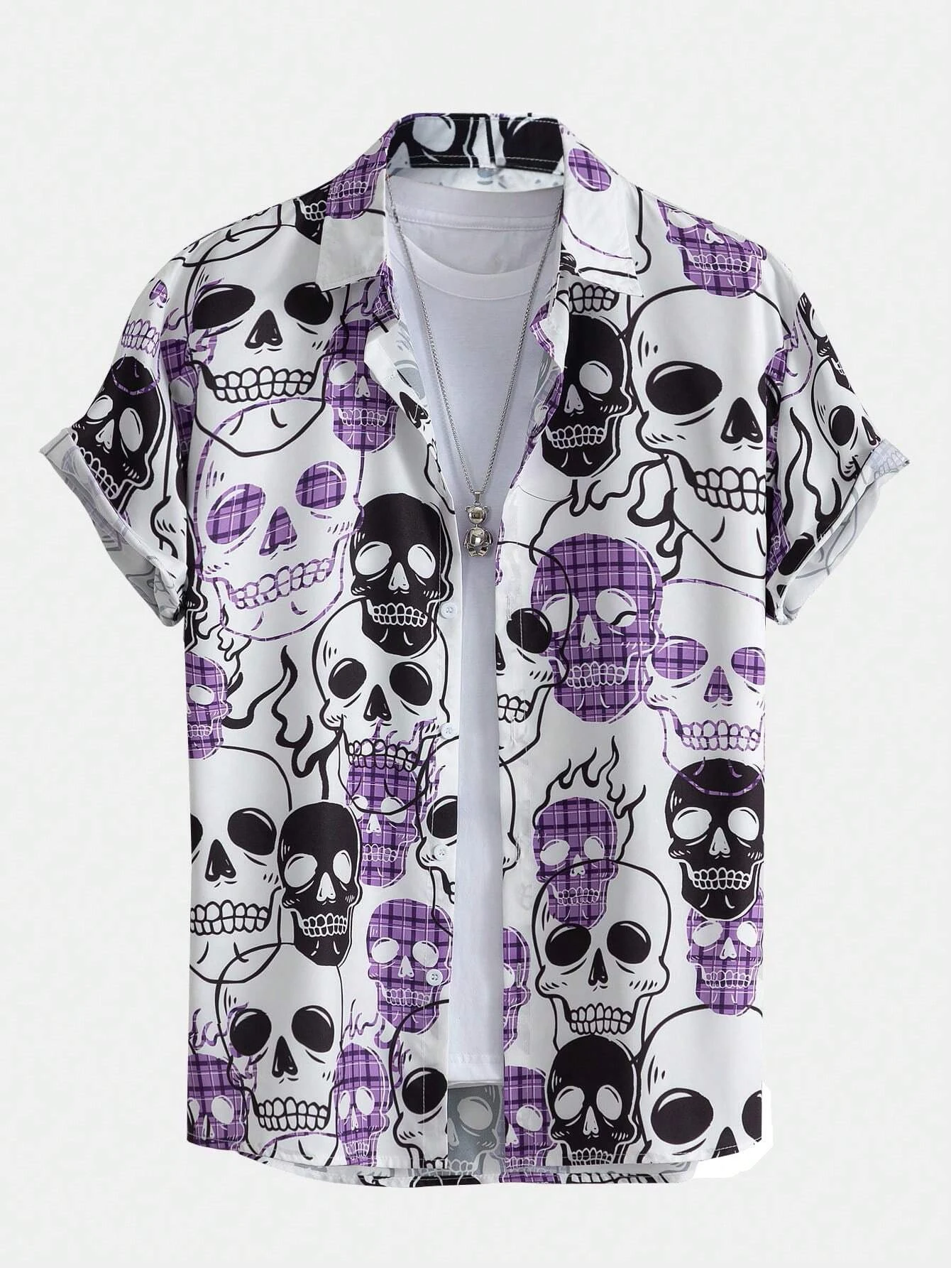 Men's Casual Skull Floral Print Women's Short-sleeved Button Tops