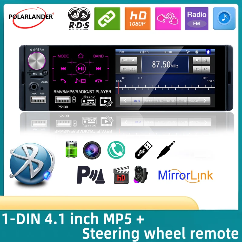 

1 Din автомагнитола 4,1 "Bluetooth стерео Мультимедийный плеер авторадио MP4 MP5 RDS USB Сенсорный экран Авторадио