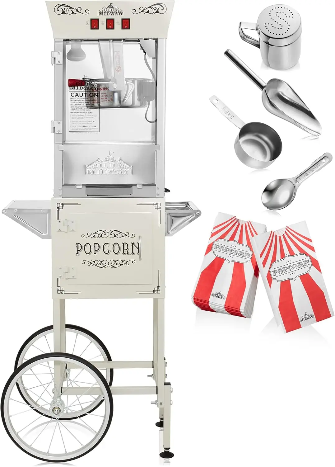 Midway Movie Theater-Style Popcorn Machine Maker with Cart and 10-Ounce Kettle - Cream, Vintage-Style Popper on Wheels 3