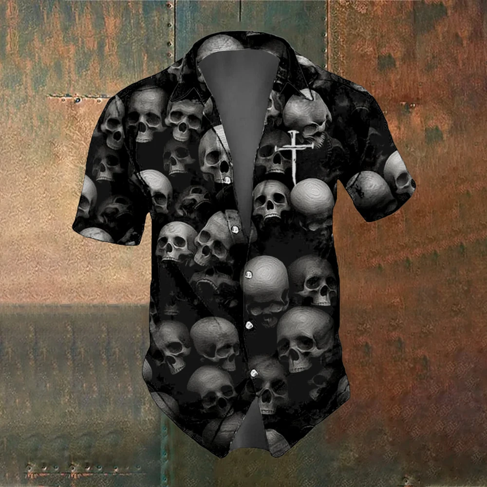 Skull Summer Men's Short Sleeve Shirt Street Fashion Tops Rose Skull Pattern Men's Casual Oversized Shirt 2