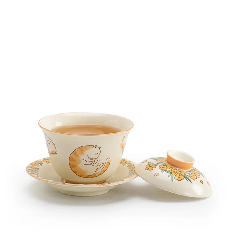 Chinese Hand-painted Cute Cat Gaiwan Handmade Ceramic Tea Tureen Teacup Household Tea Bowl Travel Portable Set Accessories
