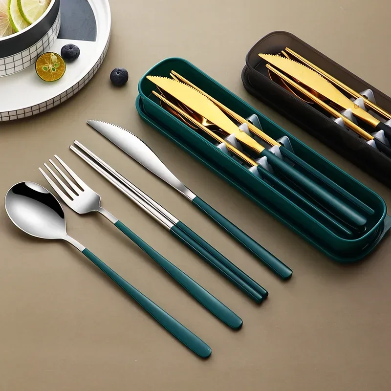 Tableware Set of 4pcs Portable Stainless Steel Knife Fork Spoon Chopsticks Travel Tableware With Box Picnic Camping Cutlery Set