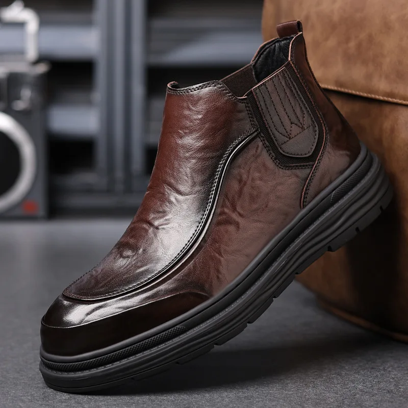 Britain Gentleman Chelsea Ankle Boots Round Head Trendy Patent Leather Shoes Men Dress Footwear Male Black Brown High-Top Shoes