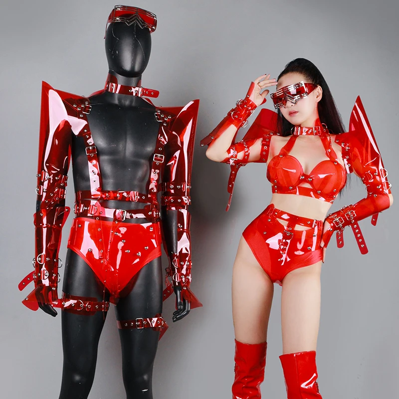 

Red Transparent Rivet Bikini Women Gogo Dance Clothing Party Dancewear Male Pole Dance Costume Nightclub Rave Outfit VDB7369