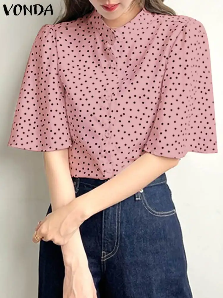 

VONDA Women Polka Dot Tops 2024 Elegant Shirts Stand Collar Ruffled Sleeve Fashion Printed Beach Blouse Elegant OL Work Tunic