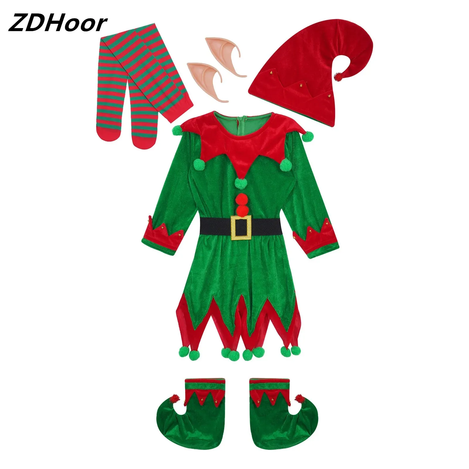 

Adult Unisex Christmas Elf Cosplay Costume Set Elf Ears Bells Pompoms Xmas Hat Dress Belt Shoes Covers And Striped Stockings