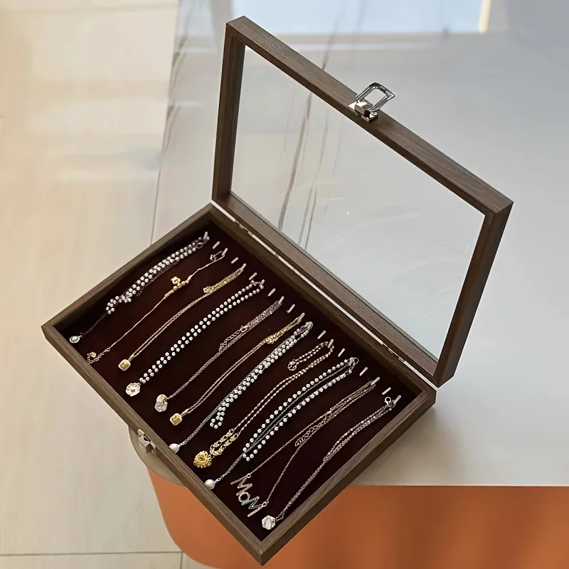1PC Glass Lid Jewelry Box With 20 Hooks, Stackable Necklace Storage Case, Bracelet And Choker Chain Display Organizer 2