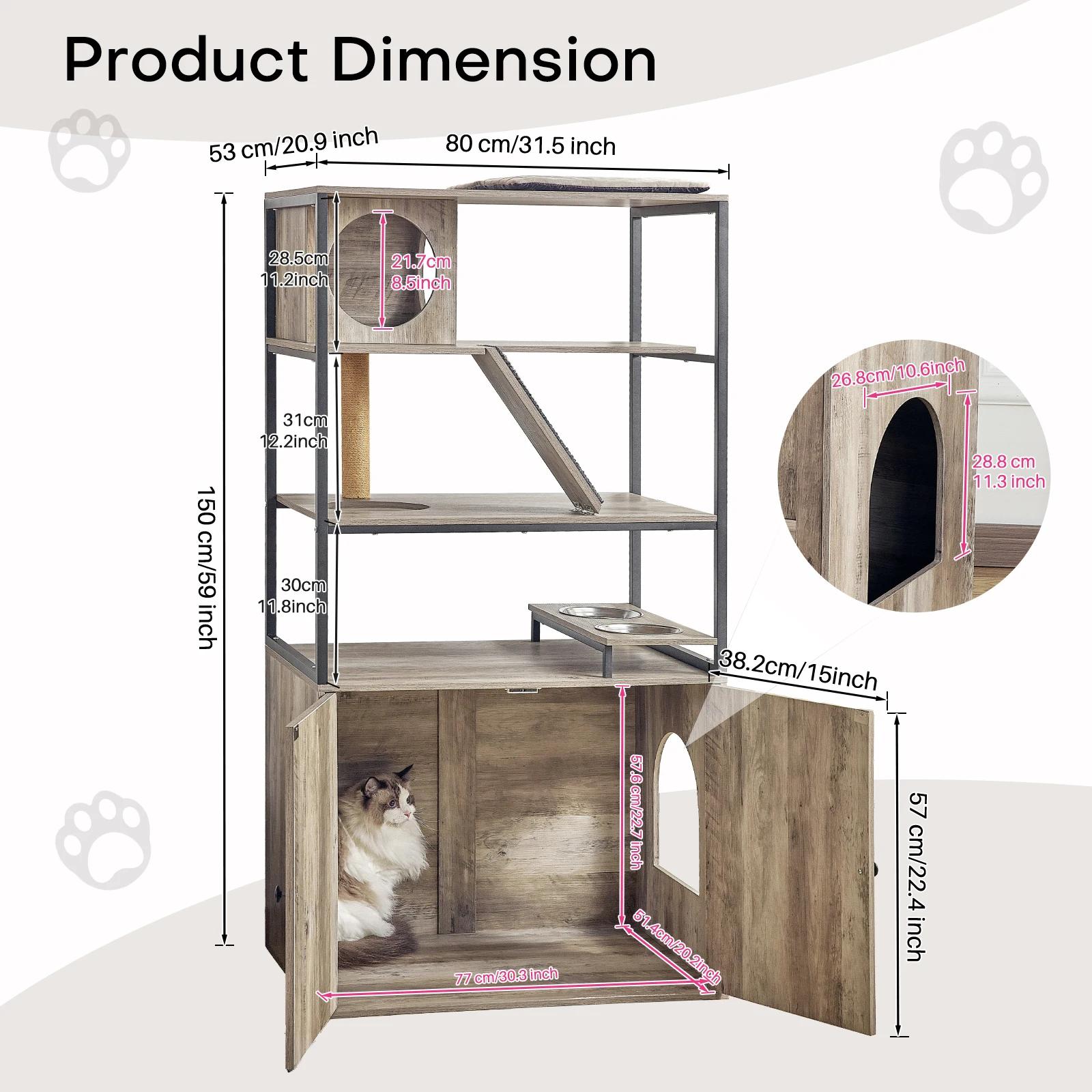 Redlife-Cat Litter Box Enclosure Multifunctional Cat Tree Hidden Furniture Cabinet w/ Storage and Scratch Cat Condo 4 Levels