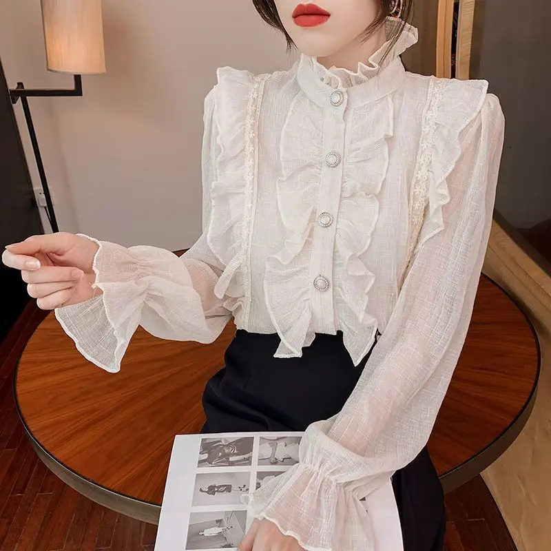 Women's Spring Autumn Fashion Elegant Half High Collar Long Sleeved Shirt Casual Versatile Western Commuter Comfortable Y2K Tops