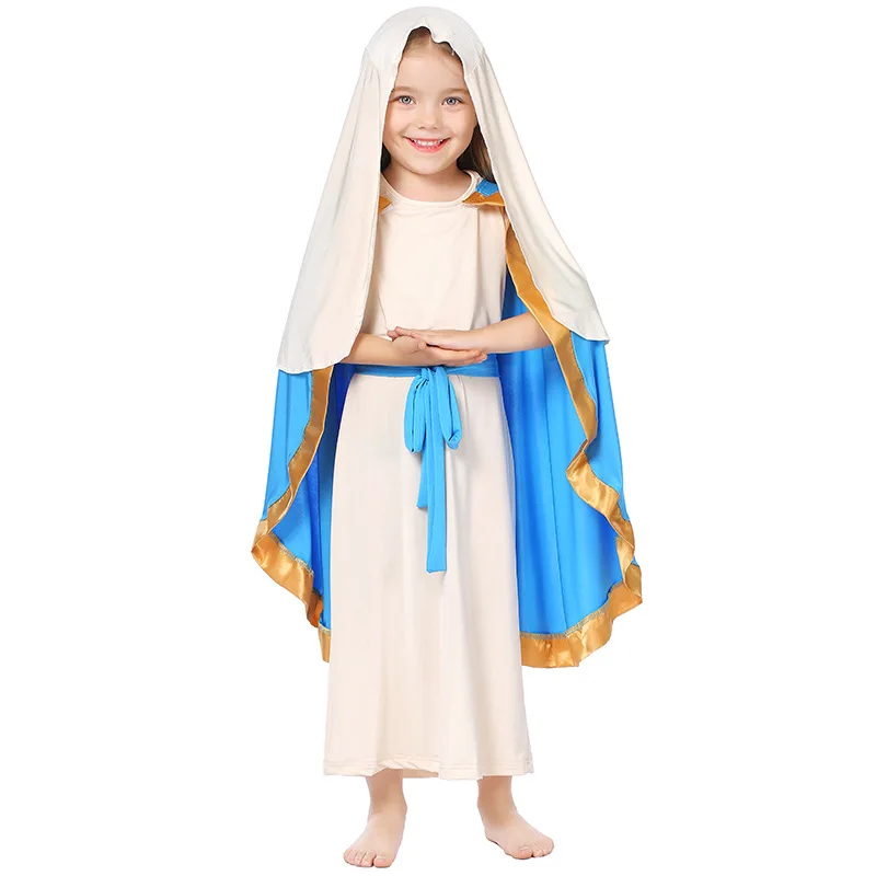 

Children Girls National The Virgin Mary of ancient Israel Dress Hooded Cloak Belt Set Drama Halloween Role Play Cosplay Costume