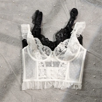 Lamuusaa Sexy Corset Top Women Summer See Through V Neck Fly Sleeve Lace Hem Cropped Tanks Evening Party Clothes Streetwear 1