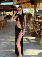 Black 3 Piece Triangle Bikini Sets 2025 Sexy Hollow Out Coverup Dress Swimsuit Women Bikini Set Beachwear Bathing Suit K282