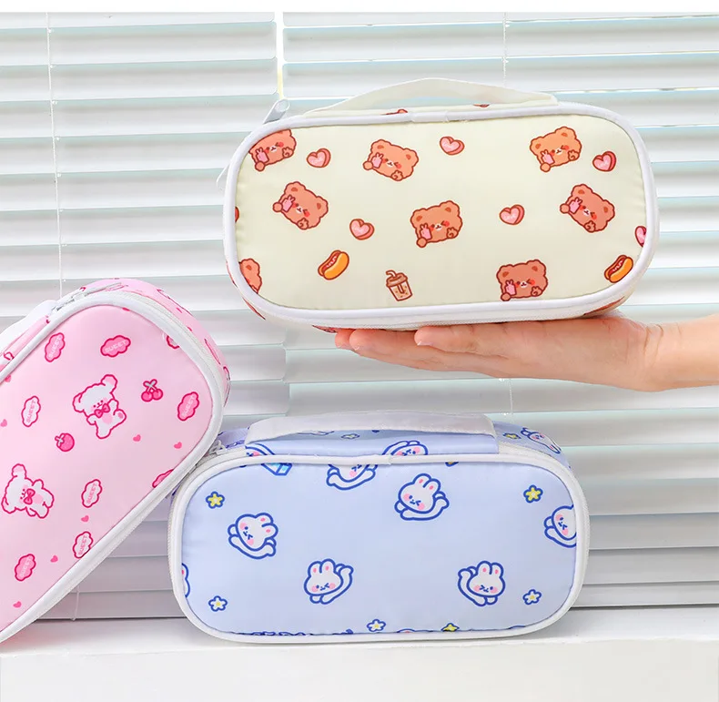 Caixa de Lápis Bolsa de Armazenamento Lona Kawaii Coelho Urso Estudante Bolsa Bonito Simples Papelaria Material Escolar Grande Capacidade 14 Computers & Electronics