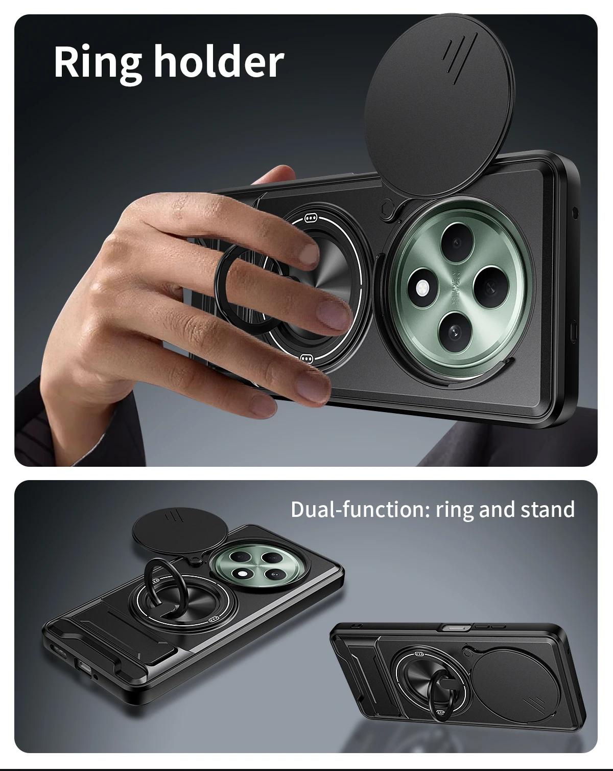 Armor Shockproof Phone Case with Sliding Camera Cover and Built-in Ring Kickstand