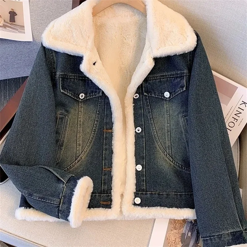 

Denim Coat Women Add Velvet Padded Autumn Winter 2024 New Explosions Cowboy Jacket Short High Quality Joker Outerwear Ladies Top