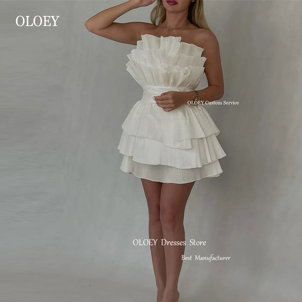 

OLOEY Draped Organza Short Prom Party Dresses Wedding Dress Ruffles Tiered Mini Cocktail Dress Ivory Bride Arabic Formal Gowns