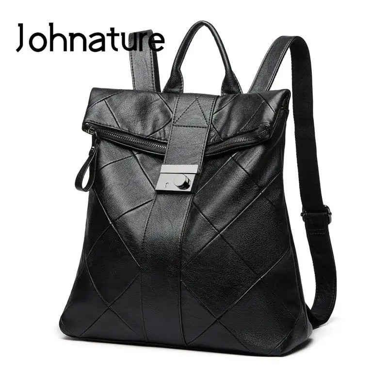 

Johnature Fashion Backpack Women 2024 New Soft Leather Large Capacity Travel Bag Versatile Solid Color Casual Student Schoolbag