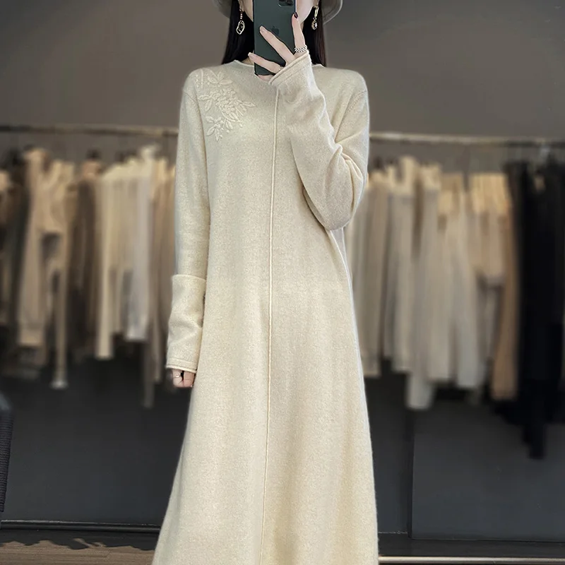 

Fall/Winter New Cashmere Pullover Women's Knitted Sweater Long Sleeve Retro Embroidery Long Wool Dress