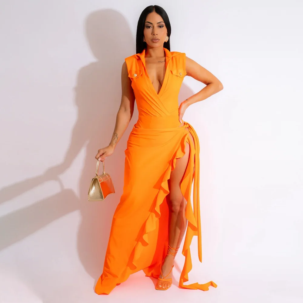 

Женский комплект из двух предметов с юбкой с оборками, однотонная привлекательная летняя рубашка с V-образным вырезом и отложным воротником без рукавов, 2023