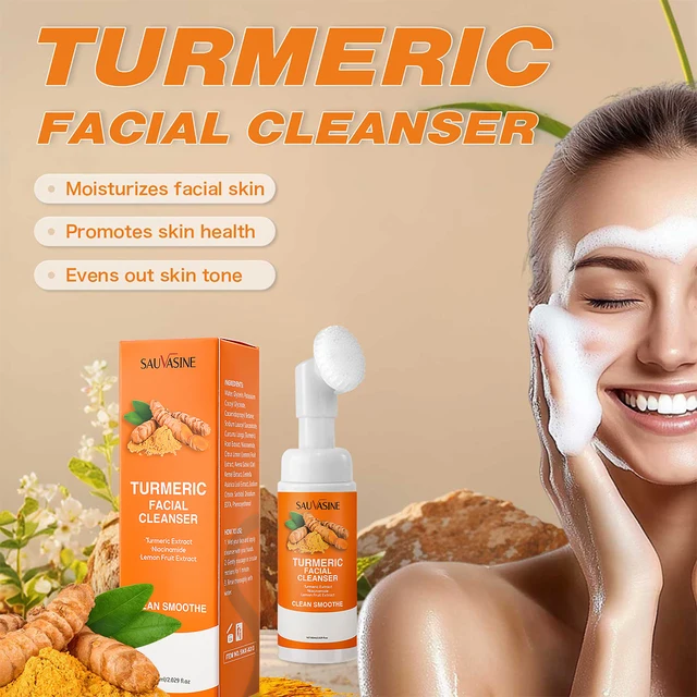 Turmeric Cleanser Moisturize Facial Brightening Skin Tone Daily Face Wash Foam with Brush Skin Care Clean Lemon Fruit Extract 2